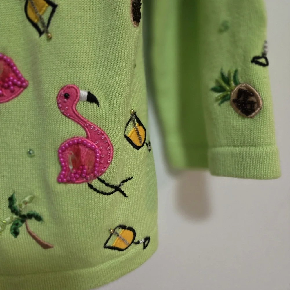 Berek Size S Green Twinset Embroidered Beaded Cocktails Flowers Flamingo Sweater - Picture 3 of 9